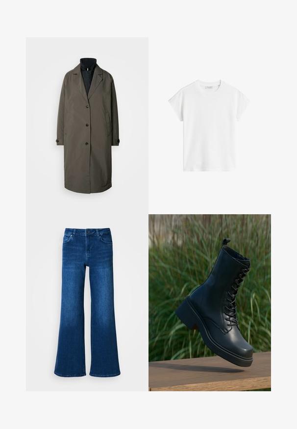 Dunkelolivgrüner Trenchcoat mit eingekerbtem Kragen, fünf vorderen Knöpfen und zwei Seitentaschen. Strukturierter Stoff, mittellanges Design.; Weißes kurzärmliges T-Shirt aus Baumwolle. Hat eine lockere Passform mit Rundhalsausschnitt und leicht gesenkten Schulternähten. Keine Muster oder Akzente.; Blaue Denim-Jeans mit weitem Bein und hohem Bund, ausgestattet mit fünf Taschen, Knopf- und Reißverschluss und einer glatten, gleichmäßigen Textur.; Schwarze Lederknöchelstiefel mit runder Zehenpartie, Schnürung an der Vorderseite und dickem, klobigem Absatz. Verfügt über detaillierte Nähte und eine glatte Oberflächenstruktur.