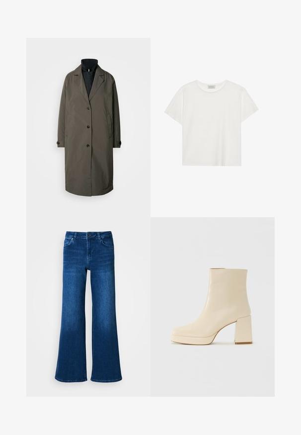 Donkergroene trenchcoat met een gekarteld kraag, vijf knopen aan de voorkant en twee zijzakken. Gelaagd stof, middellange snit.; Witte T-shirt met korte mouwen, gemaakt van zachte katoen. Heeft een ronde halslijn en een relaxte pasvorm. Schoon ontwerp zonder zichtbare patronen of accenten.; Blauwe denim wijde broek met hoge taille, heeft vijf zakken, knoop- en ritsluiting, en een gladde, gelijkmatige textuur.; Beige leren enkelboot met blokhak en plateauzool, gladde afwerking en licht vierkante neus, gericht naar links op een witte achtergrond.