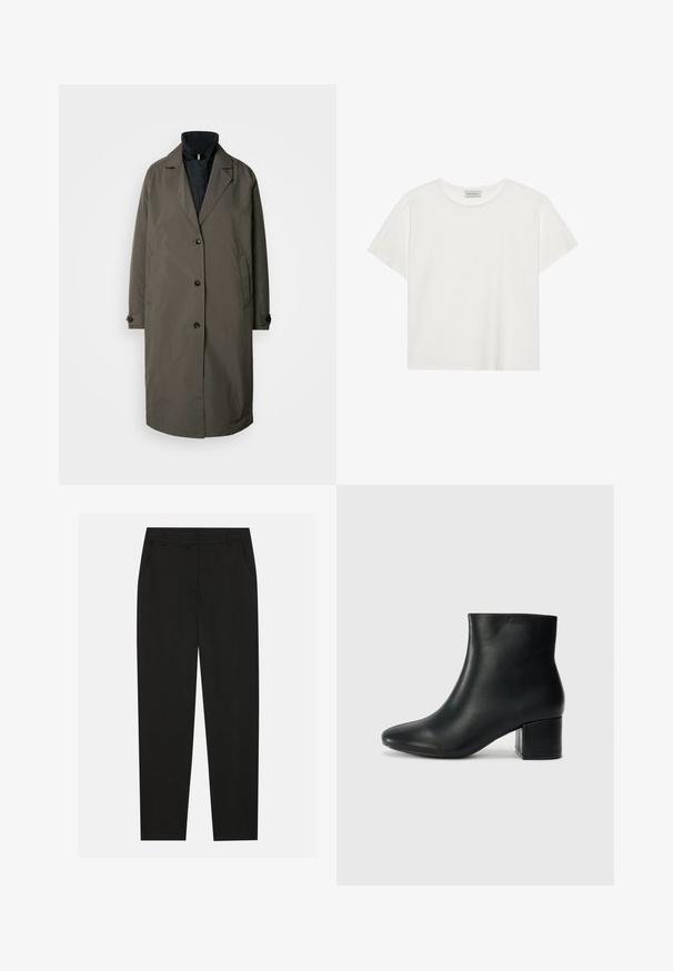Dark olive green trench coat with a notched collar, five front buttons, and two side pockets. Textured fabric, mid-length design.; White short-sleeve T-shirt made of soft cotton. Features a round neckline and relaxed fit. Clean design with no visible patterns or accents.; Black trousers with a tailored design, featuring side pockets and a straight leg. Made from smooth, lightweight fabric with a sleek finish.; Black leather ankle boots with a pointed toe and a chunky heel. Smooth texture with minimal accents and a sleek, fitted design.