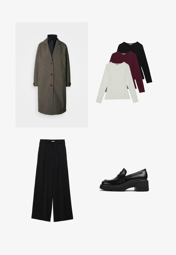 Donkergroene trenchcoat met een gekarteld kraag, vijf knopen aan de voorkant en twee zijzakken. Gelaagd stof, middellange snit.; Langsleeve t-shirts in het wit, bordeauxrood en zwart. Gemaakt van zachte stof met een ronde halslijn en een aansluitend ontwerp. Geschikt voor lagen.; Zwarte wijde broek van textuurstof, met een elastische tailleband en een afneembare sjaalstrik in de taille voor een verstelbare pasvorm.; Zwarte leren loafers met chunky hak en dikke zool, met een banddetail over de bovenkant, zijaanzicht op een witte achtergrond.