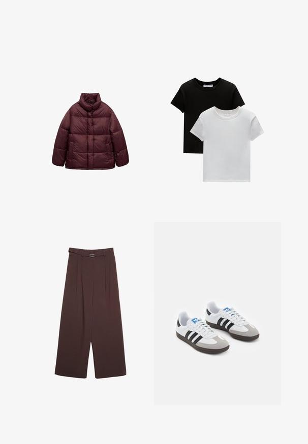 Giacca puffer borgogna, con colletto alto, design trapuntato, maniche lunghe e tasche laterali, realizzata in un materiale liscio e isolante.; Due magliette a girocollo, in nero e bianco, realizzate in cotone. Presentano maniche corte e un design a tinta unita, senza fantasie né accenti.; Stradivarius WIDE-LEG WITH BUCKLE DETAIL - Pantaloni - dark brown; Scarpe sportive con tomaia in pelle bianca, punta in suede grigia e tre strisce nere. Presentano un logo blu sulla linguetta e una suola in gomma testurizzata.
