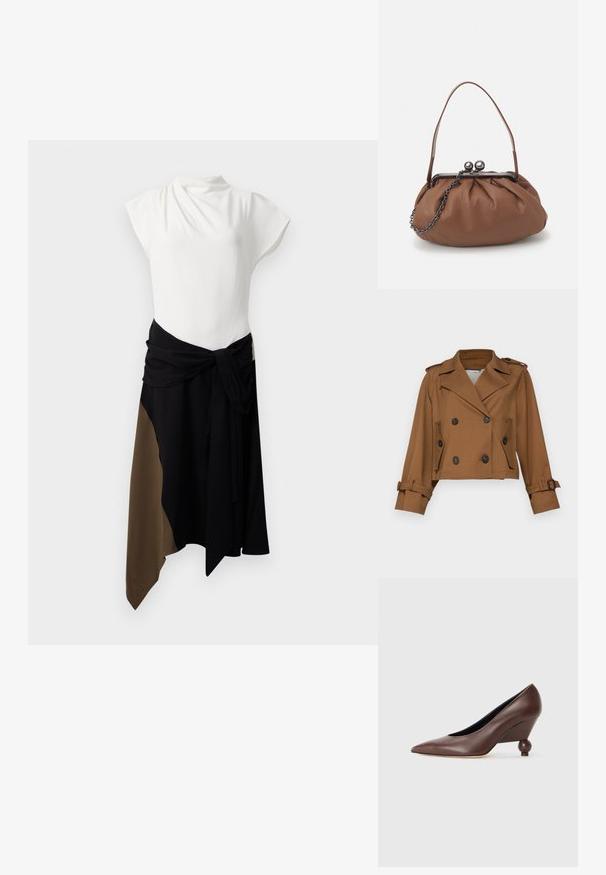 Weekend Max Mara OPOSSUM - Veste légère - cuoio; Robe à manches courtes avec un haut blanc et une jupe fluide à plusieurs panneaux en noir et marron foncé, dotée d'une taille nouée pour des ajustements de taille.; Pompe compensée en cuir marron avec un bout pointu et un talon arrondi en forme de boule. Texture lisse avec un design simple et des accents minimaux.; Sac à main en cuir marron avec un design plissé, une courte poignée en cuir et une bandoulière en chaîne. Présente un fermoir en métal argenté avec deux accents ronds.