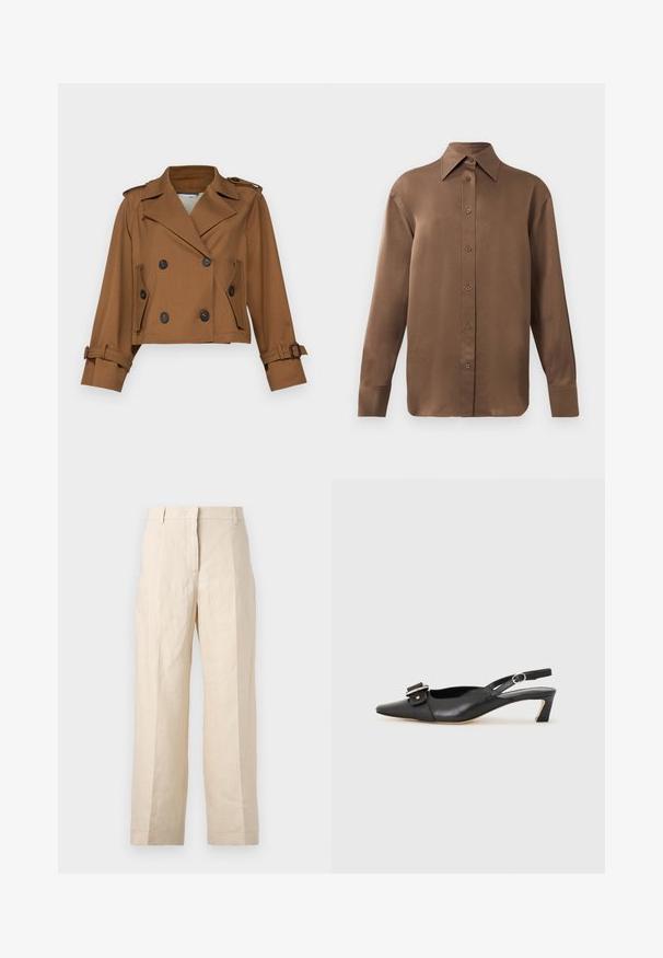 WEEKEND MaxMara OPOSSUM - Summer jacket - cuoio; Brown long-sleeve button-up shirt with pointed collar and cuffs, displayed against a plain white background.; Beige linen trousers with a loose fit, pleated front, and straight legs. Features a waistband with belt loops and no visible pockets.; Black leather slingback shoe with pointed toe, small heel, and decorative buckle detail on the upper. Smooth texture, minimalistic design.