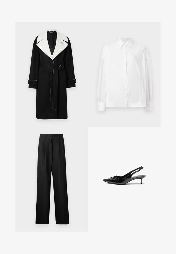Cappotto di lana nero con un ampio colletto bianco, vita con cintura, bottoni frontali e cuciture bianche a contrasto su polsini e orlo.; Camicia bianca a maniche lunghe con bottone in un morbido mix di cotone. Presenta un colletto classico, chiusura frontale con bottoni e polsini arrotondati.; Pantaloni larghi neri con una texture liscia, caratterizzati da pieghe frontali e un design a vita alta. Realizzati in un tessuto leggero.; Décolleté slingback nere in pelle con punta appuntita, tacco kitten basso e dettaglio arricciato sulla parte anteriore. Texture liscia e design minimalista.