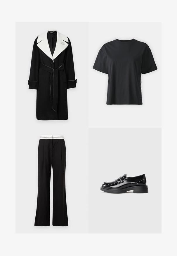 Fekete gyapjú kabát fehér széles gallérral, övvel meghúzva a derekán, elülső gombokkal és kontrasztos fehér öltésekkel az ujjak végén és az alján.; Fekete, rövid ujjú pamut póló, laza szabású, kontrasztos oldalsó panelekre jellemző kis szöveggel és dizájn részletekkel.; Fekete, lazán szabott nadrág, fehér rugalmas derékpánttal, amelyen márkajelzés található. Simogató, enyhén fényes anyagból készült.; Fekete lakk bőr lakkcipők díszes ezüst szegecsekkel, kerek orral, alacsony blokk sarkal és sima fényes textúrával.