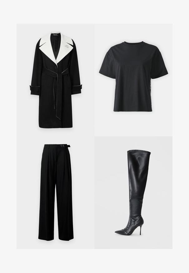 Juodas vilnonis paltas su plačiu baltu apykakle, su diržu juosmens srityje, priekiniais mygtukais ir kontrastinėmis baltomis siūlėmis ant rankovių ir apatinės dalies.; Juoda trumpomis rankovėmis medvilninė marškinėliai su laisvu siluetu ir kontrastine šonine juostele, kurioje yra mažas tekstas ir dizaino detalės.; Juodos plačios kojų kelnės su aukštu liemeniu, priekinėmis klostėmis ir diržu su sagtimi. Pagamintos iš lygaus, lengvo audinio.; Juodos odinės iki kelių besiūlės botai su smailiu pirštu, stiletto aukštu kulnu ir dekoratyviniais kalnų krištolais šone. Lygus paviršius ir elegantiškas dizainas.