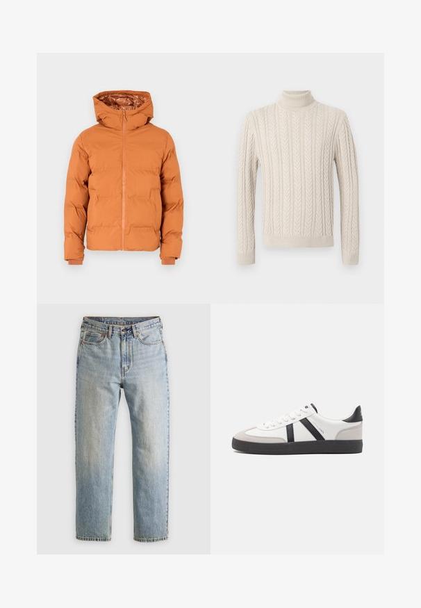 Puffer jacket in burnt orange color, featuring a hood, front zipper, and elastic cuffs. Smooth exterior and quilted design for insulation.; Beige, knitted sweater with a high, ribbed turtleneck. Features a textured cable pattern and ribbed cuffs and hem, offering a cozy appearance.; Light blue denim jeans with high waist, front button, zipper, and five-pocket design, laid flat on a neutral background.; White sneaker with black and gray accents, featuring a textured gray toe cap, black rubber sole, and flat white laces. Clean design, minimalist style.