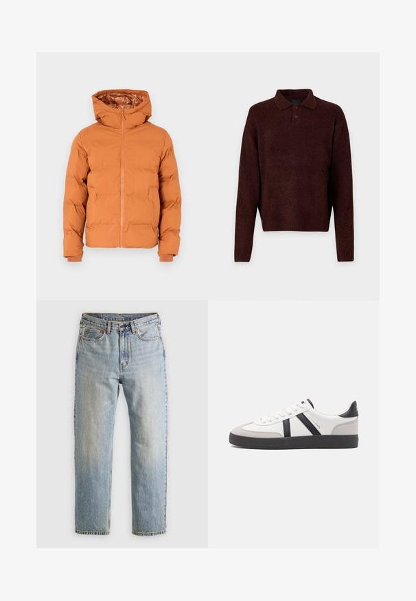 Puffjakke i brent oransje farge, med hette, glidelås foran og elastiske mansjetter. Glatt utvendig og quiltet design for isolasjon.; Brun strikket genser med polo krage, tre knapper ved halsen og lange ermer. Myk tekstur, ribbede mansjetter og kant.; Lys blå denim jeans med høy midje, frontknapp, glidelås og fem-lommers design, lagt flatt på en nøytral bakgrunn.; Hvite sneakers med svarte og grå detaljer, med en teksturert grå tåhette, svart gummisåle, og flate hvite lisser. Rent design, minimalistisk stil.