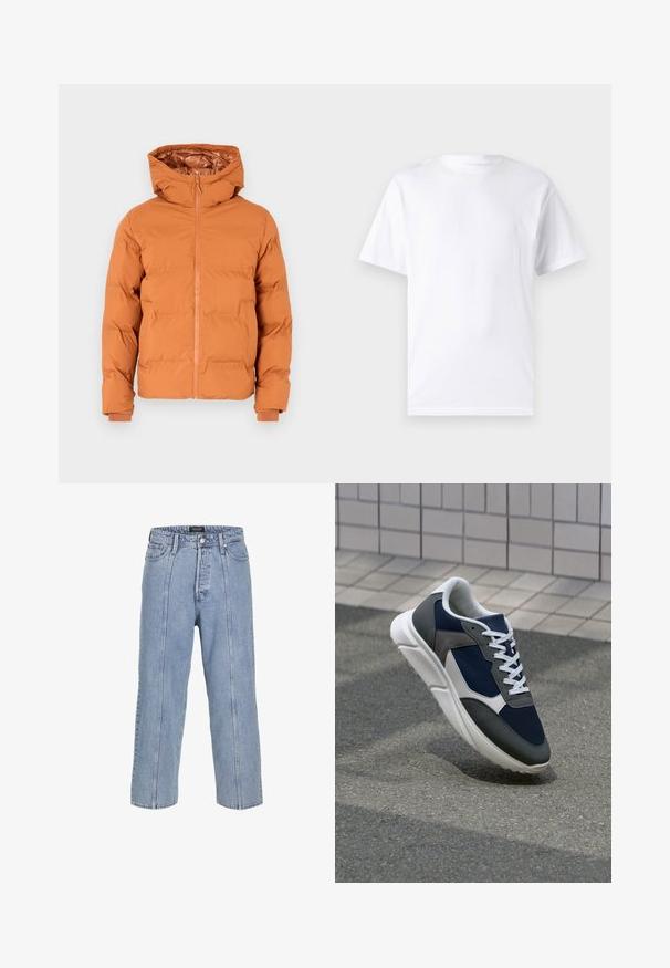 Puffer jacket in burnt orange color, featuring a hood, front zipper, and elastic cuffs. Smooth exterior and quilted design for insulation.; White short-sleeve t-shirt made of cotton with a crew neckline, featuring a smooth texture and simple design without patterns or accents.; Light blue denim jeans with a loose fit, wide legs, and visible stitching details. Features a button and zip fly closure, five pockets.; Sneaker featuring a navy blue mesh upper, gray suede accents, white rubber sole, and flat white laces, designed for comfort and breathability.
