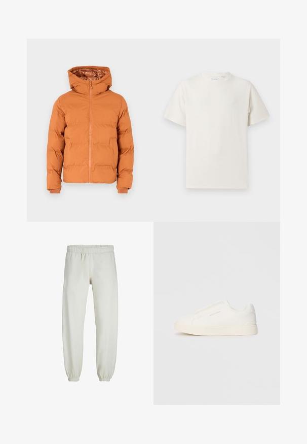 Duvet jakna u boji zagasite naranče, s kapuljačom, prednjim patentnim zatvaračem i elastičnim manžetama. Glatka vanjština i kviltani dizajn za izolaciju.; Bijela kratka majica s kratkim rukavima u rebrastoj teksturi. Okrugli izrez, ležeran kroj, bez vidljivih uzoraka ili akcenta. Jednostavan i svestran dizajn.; Bijele trenirke napravljene od mekanog materijala, s elastikom u struku i na manžetama, glatke teksture i labavog kroja.; Bijele slip-on tenisice s teksturiranom površinom, debelim đonom i minimalističkim dizajnom. Sadrže logo branda sa strane.
