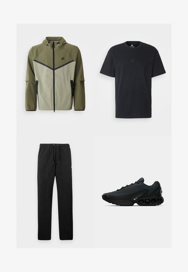 Herrjacka från Nike i olivgrön och ljusgrå, med dragkedja, huva och svarta detaljer. Tillverkad av lätt, strukturerad textil.; Svart t-shirt i bomull från Nike med klassisk rund halsringning, korta ärmar och en diskret, präglad logotyp på bröstet. Slät textur.; Svarta sweatpants i fleece, med resårmidja och dragsko, två framfickor och en liten logotyp på låret.; Svart sportskor med överdel i texturerat tyg, böjd design, framträdande mellansula och synliga dämpningselement. Har vitt logotypdetalj.