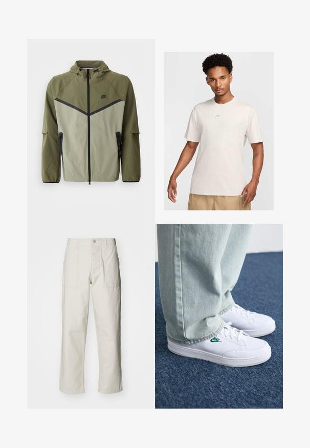 Moška Nike jakna v olivno zeleni in svetlo sivi barvi, s fermoarjem, kapuco in črnimi detajli. Narejena je iz lahkega, teksturiranega materiala.; Moški s kratkimi kodrastimi lasmi nosi bež Nike majico in khaki kratke hlače, obrnjeni naprej proti enostavni svetli ozadju.; Svetlo bež široke hlače iz bombaža. Imajo sprednje žepe in gumbasto zapiranje. Gladka tekstura z subtilnimi navpičnimi črtami.; Bela usnjena športna obutev z zelenim Nike logotipom, okrogla konica, ravna podplat, v kombinaciji z svetlo modrimi kavbojkami, prikazana na modrem preprogu.