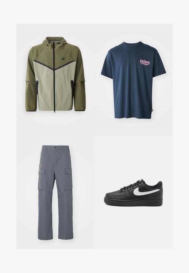 Herre Nike-jakke i oliven grønn og lysegrå, med glidelås, hette og svarte detaljer. Laget av lett, teksturert stoff.; Marineblå bomulls T-skjorte med en rosa trykt logo på brystet med teksten "Dickies Quality Made Workwear." Kortermet, standard passform.; Grå cargo bukser laget av slitesterk stoff. Funksjoner inkluderer en elastisk midje, to store sidelommer og rett benkutt.; Svarte Nike Air Force 1-sneakers med overdel i glatt lær, hvit logoaccent, perforert tå og teksturert gummisåle.