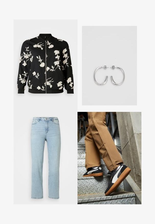 Vero Moda Curve VMNEWHALLIE - Bomber jakna - black/paya; Prosojna siva dolga majica z dolgimi rokavi z vzorcem leoparda, ki ima okroglo izrezo in valovito obrobo. Narejena iz lahkega, prozornega materiala.; Svijetloplave traperice ravnog kroja s prednjim zatvaranjem na dugme i patentni zatvarač, petljama za pojas i klasičnim dizajnom s pet džepova.; Črne in sivo semiš superge z belimi detajli in gumijastimi podplati, obute na svetlo rjave hlače med vzpenjanjem po kovinskih stopnicah.; Srebrne obročaste uhane z gladko, sijočo površino. Zaobljena oblika, lahka zasnova, z zapiranjem na zatič.