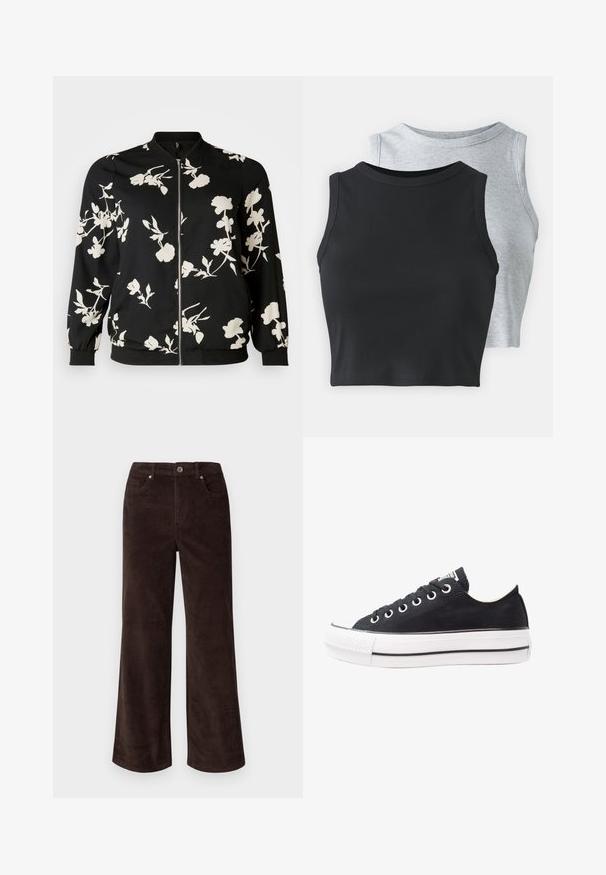 Vero Moda Curve VMNEWHALLIE - Chaquetas bomber - black/paya; Even&Odd Petite 2 PACK - Top - light grey/black; Vero Moda Petite VMTESSA PANTS - Pantalones - chocolate torte; Zapatilla de lona negra con suela de goma blanca, punta redonda, diseño bajo, ojales de metal y una cubierta de punta texturizada. Raya negra delgada a lo largo de la suela.