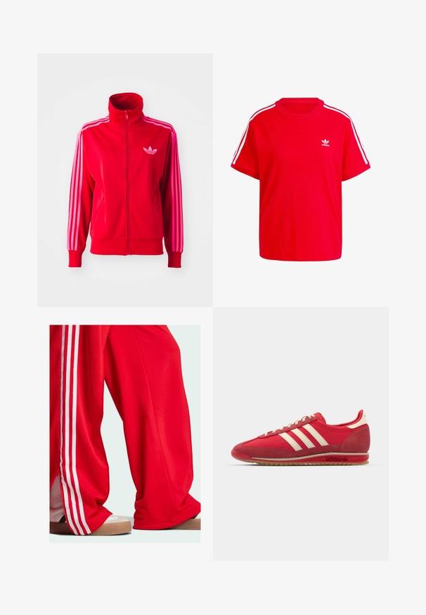 Rød idrettsjakke laget av glatt stoff, med høy krage, full glidelås og tre rosa striper nedover hver erme. Lite logo på brystet.; Rød bomulls t-skjorte med rund hals, korte ermer, hvite tre-stripes detaljer på skuldrene, og en liten hvit logo på brystet.; Røde joggebukser med hvite striper langs sidene, med en løs passform og glidelåsdetalj ved kanten. Brukt med lyse treningssko.; Røde idrettssko med teksturert overdel, tre hvite striper, rund tå og gummisåle med logo-detaljer på siden.