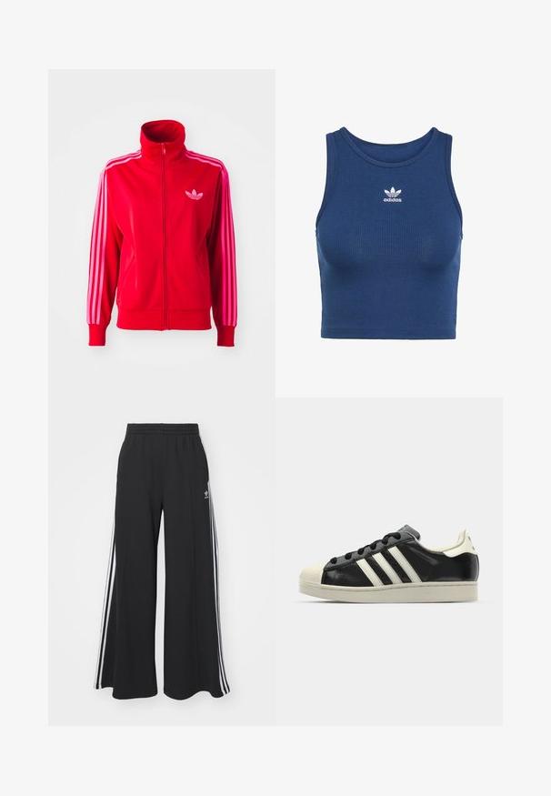 Piros sportos dzseki sima anyagból, magas gallérral, teljes cipzárral és három rózsaszín csíkkal minden ujján. Kis logó a mellkason.; Kék bordázott crop top, rugalmas anyagból készült, kerek nyakkivágással és egy kis fehér Adidas logóval a mellkason.; Fekete, bő szárú melegítőnadrág, rugalmas derékkal, fehér oldalsávokkal és hímzett logóval a bal combon.; Fekete bőrsneaker fehér csíkokkal, gumírozott orral, fekete fűzővel és krém színű talppal. Simaság és fényes felület jellemzi.