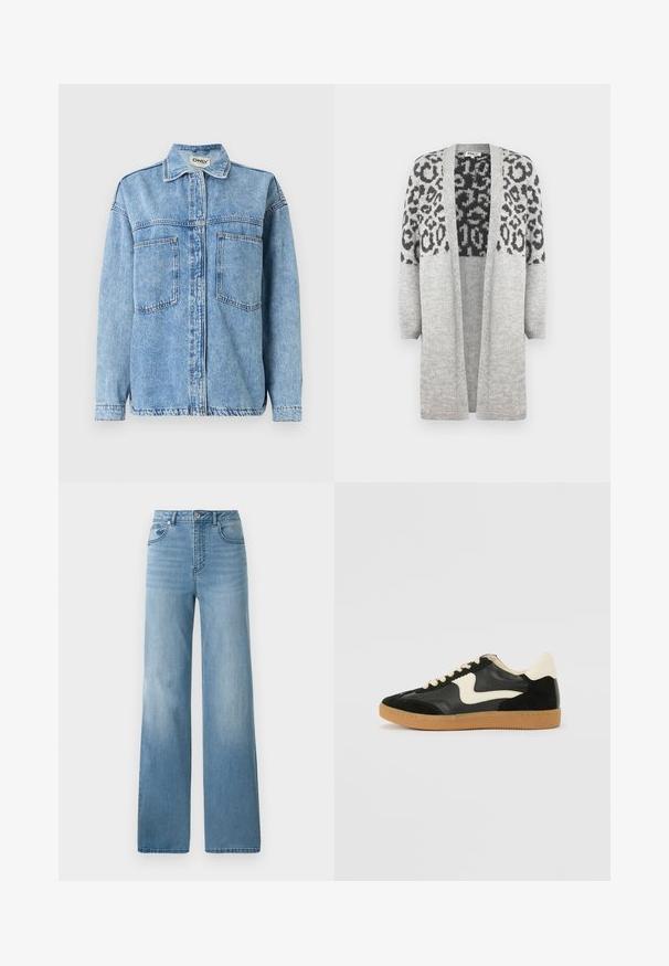 Chaqueta de mezclilla azul claro con mangas largas, cierre de botones, dos bolsillos delanteros y cuello clásico. Presenta detalles de costuras visibles.; Cardigan gris de punto con mangas largas y frontales abiertos. Presenta un diseño de estampado de leopardo negro en la parte superior. Textura suave.; Top de tirantes blanco sin mangas hecho de tela acanalada, con un escote redondeado y una silueta ajustada, con costuras mínimas y sin adornos.; Jeans de tiro alto en azul claro con un diseño de pierna recta. Confeccionados en denim, cuentan con cinco bolsillos y un cierre con botón.; Zapatillas de deporte de ante y cuero negro con un swoosh lateral en crema y un talón en crema claro. Presenta cordones beige y una suela de goma marrón.