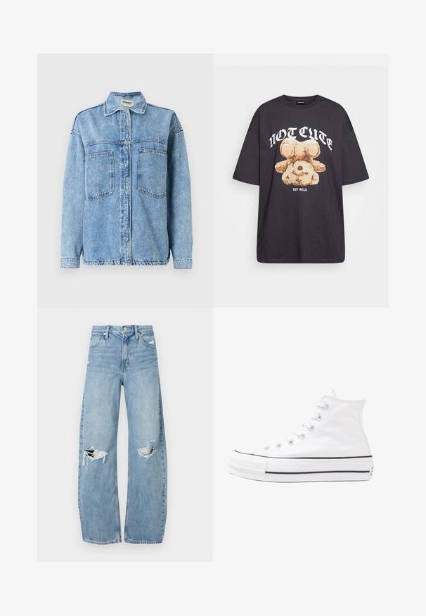 Giacca in denim azzurro chiaro con maniche lunghe, chiusura con bottoni, due tasche frontali e colletto classico. Presenta dettagli di cuciture visibili.; T-shirt nera oversize con una grafica di un orso e la scritta "NON CARINA MA SELVAGGIA" in grassetto, lettere bianche. Materiale in cotone.; Jeans azzurri chiari a vita alta realizzati in denim. Presentano gambe larghe, due aree strappate sulle ginocchia e il classico styling a cinque tasche.; Sneaker alta in tela bianca con suola in gomma nera, punta in gomma frontale e sei asole per i lacci, caratterizzata da un design pulito e minimalista.