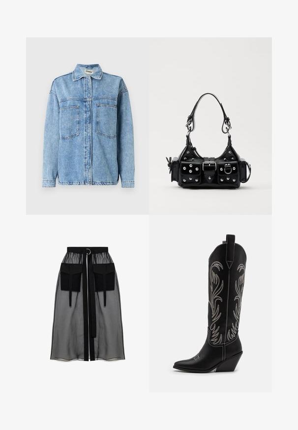 Šviesiai mėlynas džinsinis švarkas su ilgomis rankovėmis, užsegamas sagomis, dviem priekinėmis kišenėmis ir klasikiniu apykakliu. Matomos siuvimo detalės.; Juodas ilgomis rankovėmis viršus, pagamintas iš permatomos medžiagos, turi apvalų iškirpimą, priekinį mygtukų užsegimą ir banguotus kraštus ant rankovių.; Juoda permatoma sijonas su surinkta liemene, dviem didelėm priekinėm kišenėm, liemens raišteliu ir apvaliu metaliniu akcentu.; Juodi oda kaubojiški batai su smailiu nosiu, stulpeliu ir sidabriniais siuvinėti gėlių raštais palei šoną. Kontrastingas siuvinėjimas visoje bato dalyje.; Juodas odinis rankinukas su kreiviu dizainu, su sidabro spalvos knopkėmis, užsegimu ir dviem šoninėmis kišenėmis. Reguliuojama dirželis nešimui.