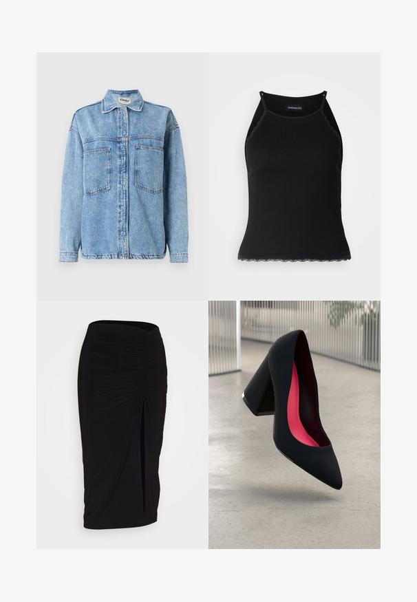 Light blue denim jacket with long sleeves, a button closure, two front pockets, and a classic collar. Features visible stitching details.; Black ribbed tank top with scalloped lace trim at the hem. Features thin straps and a fitted design. Made from stretchable fabric.; Black, ruched pencil skirt with tie detail and a side slit. Made from a stretchy fabric, featuring a smooth texture and form-fitting design.; Black high heel shoe with a pointed toe, textured surface, and a vibrant pink interior. Features a chunky heel with silver accent.