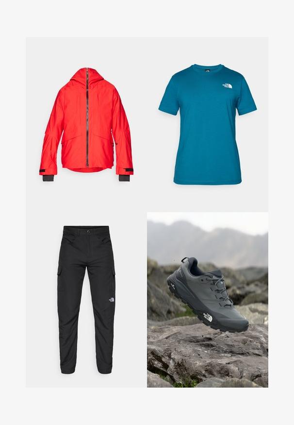 Piros vízálló dzseki kapucnival, elől cipzárral és két nagy mellzsebbel. A mandzsetták fekete díszítésekkel és állítható záródásokkal rendelkeznek.; Tölgy színű, rövid ujjú póló, puha pamutból készült, bal mellen fehér logóval és klasszikus kerek nyakkivágással.; The North Face HORIZON PANT - Szabadtéri nadrágok - black; Szürke terepfutó cipő, texturált felsőrésszel, tartós gumitalppal és megerősített orr résszel. Fekete fűzők és márka logó a cipő oldalán.