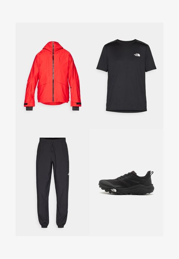 Red waterproof jacket with a hood, featuring a front zipper and two large chest pockets. Cuffs have black accents and adjustable closures.; Black short-sleeve T-shirt made from lightweight fabric. Features a small white logo on the left chest and subtle shoulder accents.; Black athletic pants made from lightweight fabric, featuring a drawstring waistband, side pockets, and tapered cuffs at the ankles.; Black trail running shoe with a textured upper, rubber sole, and reinforced toe cap. Features a padded collar and pull tab for easy wear.