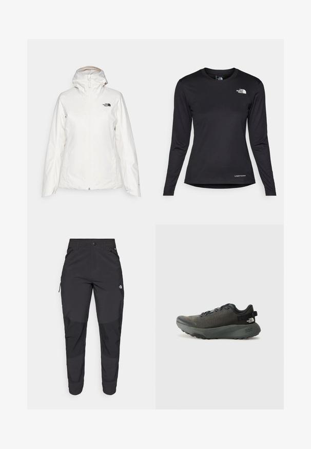 The North Face QUEST INSULATED JACKET - Lauko striukė - white dune; The North Face SHADOW LONG SLEEVE - Ilgarankovis viršutinės dalies drabužis - black; Juodos lauko kelnės, pagamintos iš patvarios medžiagos. Turi užtraukiamas kišenes, sustiprintus kelio plotus ir tiesią konstrukciją, leidžiančią laisvai judėti.; Tamsiai pilkas sportinis batas su tekstūruotu audiniu, plokščiomis raištelėmis, sustiprintu nykščiu ir storu, tvirtu padu, užtikrinančiu sukibimą. 300 reljefiniu užrašu ant kulno.