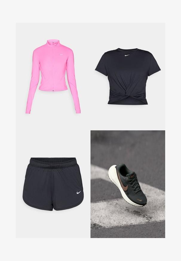 Rosa Sportjacke mit Stehkragen, langen Ärmeln und einem Frontreißverschluss. Beinhaltet ein kleines silbernes Logo auf der linken Brust. Glatte Textur.; Schwarzes Sport-T-Shirt aus glattem Stoff, mit einem geknoteten Vorderdesign und einem kleinen weißen Nike-Logo auf der Brust.; Schwarze Sportshorts mit elastischem Bund, sportlichem Design und weißem Nike-Logo vorne unten. Strukturierter Stoff.; Schwarzer Mesh-Laufschuh mit strukturiertem Obermaterial, einem braunen Nike-Swoosh und einer weißen gepolsterten Sohle, die über einer grauen Fläche schwebt.