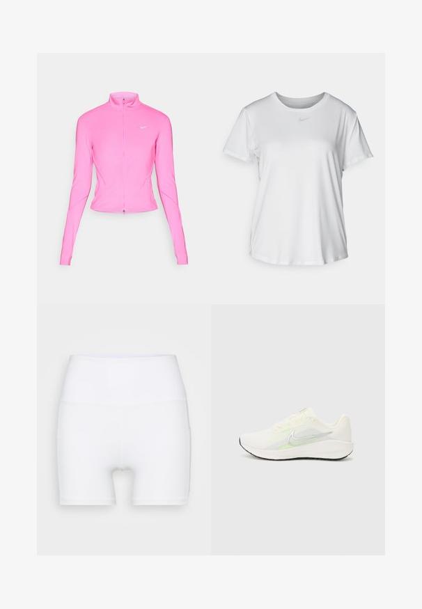 Roze sportjack met een opstaande kraag, lange mouwen en een ritssluiting aan de voorkant. Bevat een klein zilveren logo op de linkerborst. Zorgt voor een soepele textuur.; Witte T-shirt met korte mouwen van gladde stof, met een ronde halslijn en een klein grijs Nike-logo op de borst.; Witte hoge taille shorts van rekbare stof. Kenmerken een gladde textuur en een aansluitend ontwerp, zonder extra patronen of hardware.; Nike Performance DOWNSHIFTER 13 - Hardloopschoenen voor op de weg - sail/silver-coloured photon dust/summit white/barely volt/black