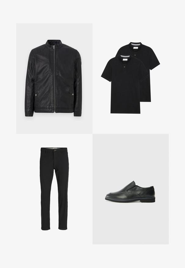 Must lähirikk must nahkjope, millel on kõrge krae, vertikaalsed lukud, tikitud õlavarre aksessuaarid ja küljetaskud. Sile, mate pind.; Kaks musta polo särki, lühikeste varrukatega, puuvillane materjal, klassikalise kraega, kahe nupuga kinnitusega, valgete triipudega krae sisepinnal.; Mustast puuvillasegustest pükstest õhukese lõikega, milles on nööbikinnitus, taskud ja keeratud sääred, et saavutada lõdva lõppviimistluse.; Must musta laia suuga king, millel on sile ülemine osa, õmmeldud detailid, ümmargune nina ja madal kummist konts. Tallal on minimaalne mustr.