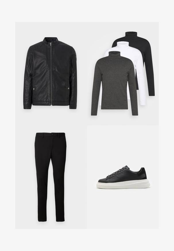 Jachetă din piele neagră cu guler înalt, fermoare verticale, accente matlasate pe umeri și buzunare laterale. Textură netedă, mată.; Trei pulovere cu mânecă lungă și guler înalt în nuanțe de gri închis, alb și negru. Confecționate dintr-un material moale cu design cu model în relief la guler și mâneci ajustate.; Pantaloni negri, slim-fit, cu bucle pentru curea, închidere prin buton frontal și fermoar, expuși pe un fundal deschis simplu.; Sneaker din piele neagră cu o talpă din cauciuc alb, cu șireturi plate și eyelets marcate. Textură moale cu un accent lateral contrastant.