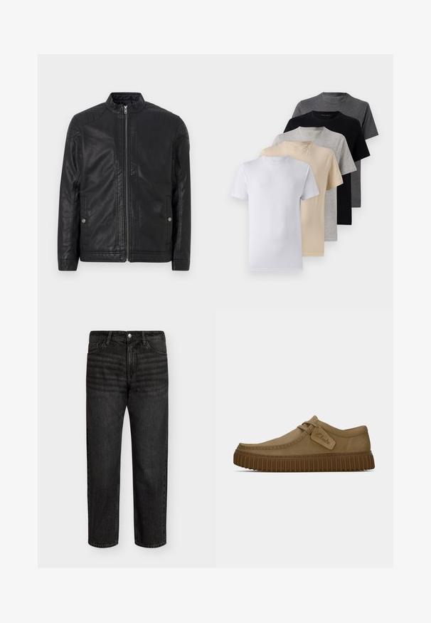 Mustan nahkatakin korkea kaulus, pystysuorat vetoketjut, tikkaukset hartioissa ja sivutaskut. Sileä, matta pinta.; Viisi lyhythihaista t-paitaa valkoisena, beigeinä, vaaleanharmaana, tummanharmaana ja mustana. Valmistettu sileästä puuvillasta, jossa on pyöreä kaula-aukko.; Musta farkut suoran leikkauksen kanssa, jotka sisältävät keski korkean vyötärön, viisi taskua ja metallipainikkeen kiinnityksen. Sileä pinta, jossa on hienovaraista kulumista.; Vaaleanruskeat mokkakengät, joissa on pyöreä kärki, ommeltuja yksityiskohtia ja uritettu ruskea kumipohja. Kengissä on myös sivulappu, jossa on "Clarks"-logo.