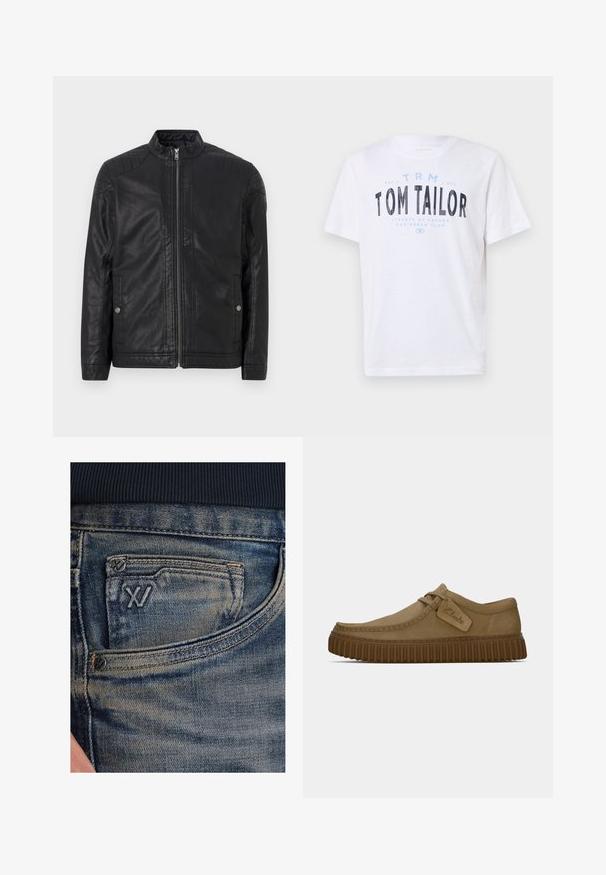 Czarna skórzana kurtka z wysokim kołnierzem, pionowymi zamkami, pikowanymi akcentami na ramionach oraz bocznymi kieszeniami. Gładka, matowa faktura.; Biała bawełniana koszulka z okrągłym dekoltem i krótkimi rękawami. Zawiera niebieski i czarny nadrukowany tekst: "TOM TAILOR," "STREETS OF HAVANA," oraz numery.; Niebieskie dżinsy z denimu o wyblakłej fakturze, z kieszonką na monety i czarnym logo na przodzie. Pas wykonany z ciemnogranatowej dzianiny prążkowanej.; Jasnobrązowe zamszowe buty z okrągłym noskiem, z przeszyciami i brązową gumową podeszwą o żebrowanej fakturze. Posiadają boczną metkę z logo "Clarks".