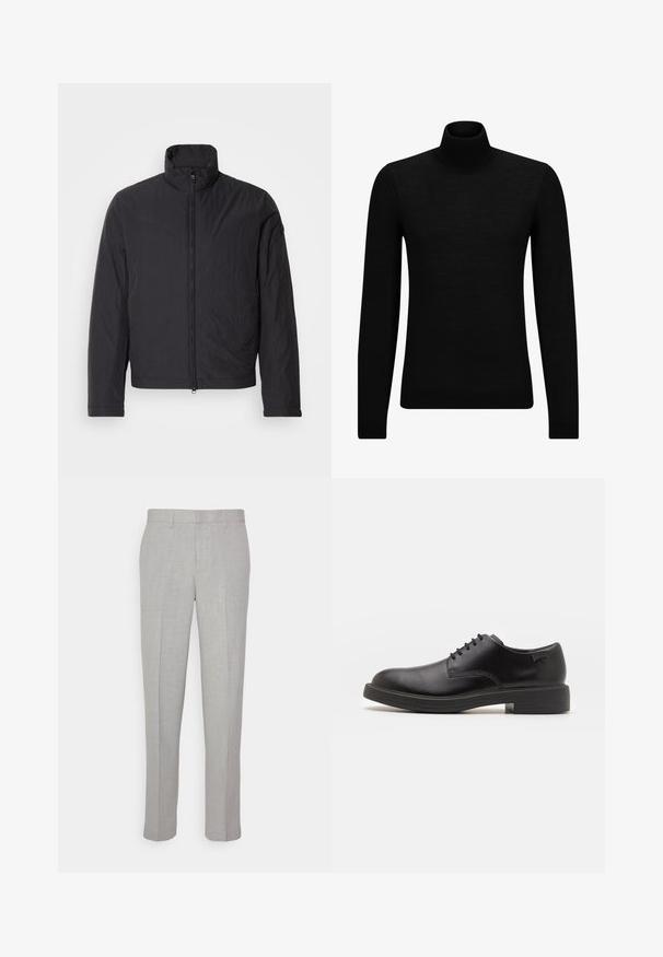 Mustaga kerge jope kõrge kaelusega, ees lukuga ja pikkade varrukatega. Valmistatud kortsulistest kangast, sellel on minimalistik disain.; Musthave muströid ja pehmest materjalist must turtleneck, millel on pikad varrukad ja tihe istuvus. Ribaga ääris allservas ja vöökohal. Lihtne disain.; Heledad hallid püksid sileda tekstuuriga, lame esiots ja sirged sääred. Valmistatud hingavast kangast, millel on sisepocketid ja vöölõngad.; Must beemel levalis kingad ümarate varvastega, sileda pinnaga, minimaalsete õmblustega ja madala kummist kontsaga. Logo kontsa peal.