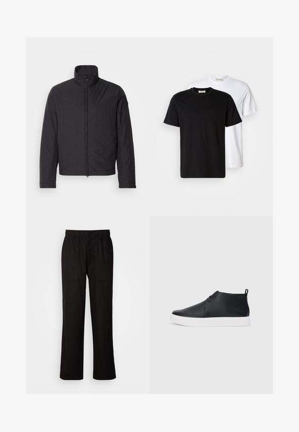 Svart lättviktsjacka med hög krage, framdragkedja och långa ärmar. Tillverkad av veckat tyg, har den en minimalistisk design.; Två enkla bomulls T-shirts, en svart placerad framför en vit, båda med korta ärmar och rund halsringning.; Svarta byxor med en avslappnad passform, tillverkade av lättviktig tyg. Har en elastisk midja, knappstängning och två framfickor.; Svarta läderhögsneakers med en slät yta, vit gummisula och enkel snörning. Har en dragflik på baksidan.