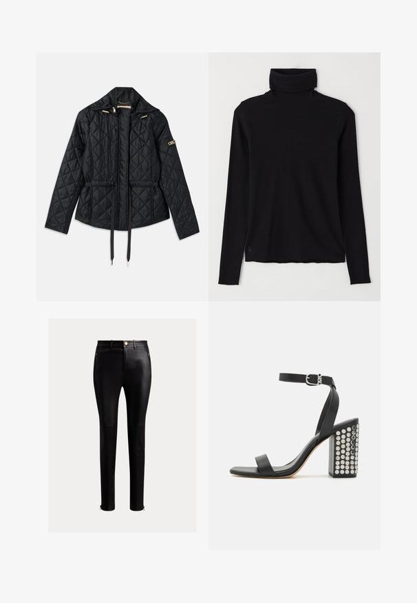 Black quilted jacket with a hood, featuring a cinched waist, two front pockets, gold hardware accents, and drawstrings for adjustment.; Black turtleneck sweater made of ribbed fabric. Long sleeves, close-fitting design, and a slightly relaxed hem with no visible patterns or hardware.; Black, tight-fitting pants made of sleek leather. Features zippered side pockets and contrasting gold hardware accents at the ankles.; Black leather heeled sandals with an ankle strap. Features a square toe, smooth texture, and square block heel adorned with silver studs.