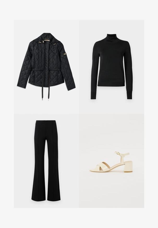 Schwarze gesteppte Jacke mit Kapuze, mit tailliertem Schnitt, zwei Fronttaschen, goldenen Hardware-Akzenten und verstellbaren Kordeln.; Schwarzer Langarmrollkragenpullover mit gerippten Bündchen und Saum, auf einem schlichten weißen Hintergrund präsentiert.; Schwarze Schlaghose mit hoher Taille, aus dehnbarem Material. Mit vertikalen Nahtdetails auf der Vorderseite und einer glatten Textur.; Beige lackleder Absatzsandalen mit Kreuzriemen-Design, offener Zehenbereich, verstellbare Knöchellasche und Blockabsatz. Glatte Textur.