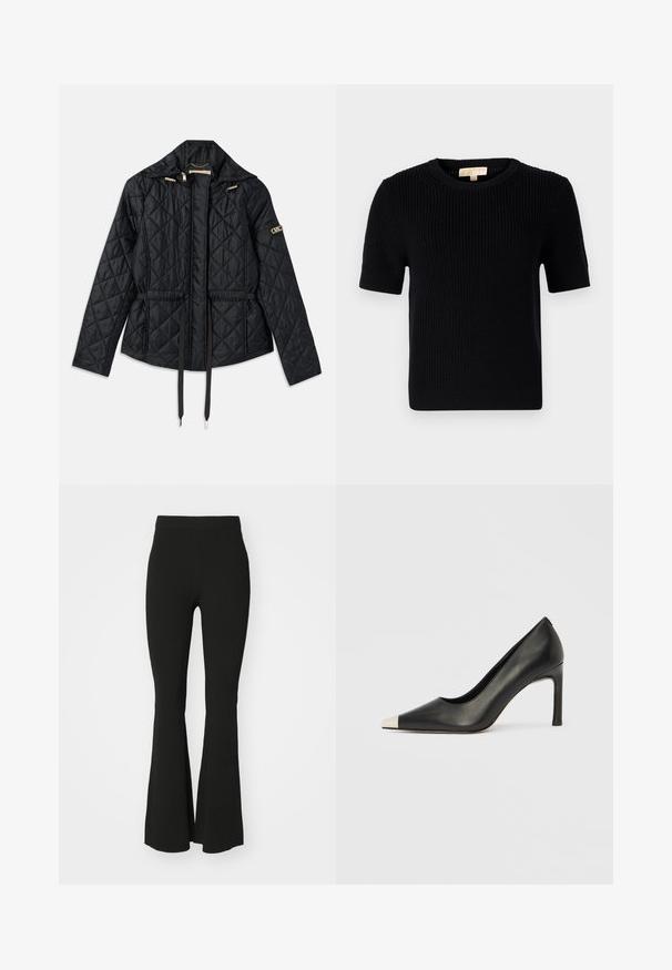 Černá prošívaná bunda s kapucí, s nařaseným pasem, dvěma předními kapsami, zlatými kovovými detaily a stahovacími šňůrkami pro úpravu.; Černý pletený svetr s krátkým rukávem a kulatým výstřihem. Má odřenou texturu a rovný lem. Štítek na vnitřní straně límce.; Černé zvonové kalhoty vyrobené z elastického materiálu, s vysokým pasem a hladkým, nezdobeným povrchem. Jednoduchý a těsně padnoucí design.; Černá kožená lodička na vysokém podpatku s špičatou špičkou a stříbrnou kovovou špičkou. Má hladký povrch a štíhlý 10cm podpatek.