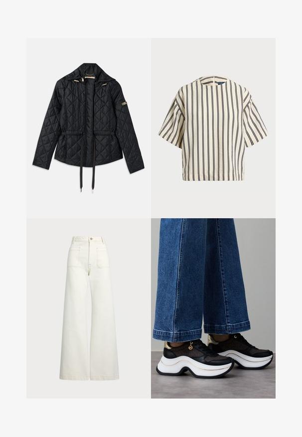 Mustmust õmmeldud jope kapuutsiga, millel on kitsenev vöökoht, kaks esikotina, kuldsed detailid ja reguleeritavad nööbid.; Kreemjas ja tumesinises triibuline lühikeste varrukatega top, millel on ümmargune kaelus ja kastmine disain, valmistatud tekstuurses kangas.; Laiad teksad heledast denimist. Kõrge vöökoht, nööbivöö, kaks esikotitäit ja kontrastsed õmblused.; Mustad ja kuldsed tossud kumerate valgete talladega. Tekstuurse kangaga, millel on logo aktsendid. Sobitatud laia siniste teksapükstega.