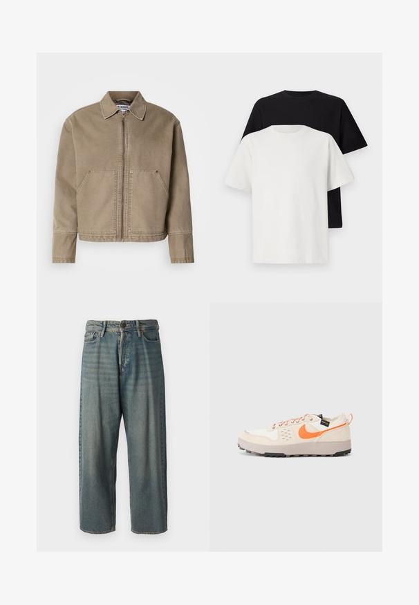 Kaki kokvilnas jaka ar rāvējslēdzēju priekšā, norādītu apakšmalu, divām lielām priekšējām kabatām un izšūtām apmalēm un šuvēm.; Kokvilnas T-kreklu komplekts, kas sastāv no melna un baltā T-krekla, abi ar īsām piedurknēm, apaļu kakla izgriezumu un standarta piegriezumu. Faktūras audums.; Gaiši zili džinsi ar brīvu piegriezumu, vidējo jostas augstumu un taisnām kājām. Satur piecas kabatas, jostas cilpas un pogu aizdari.; Bēša sporta apavi ar apelsīnu akcentiem, izgatavoti no zamšādas un sieta materiāliem, ar auklām priekšpusē, ar uztveršanas gumijas zoli, smalku zīmolu uz sāniem un papēža.