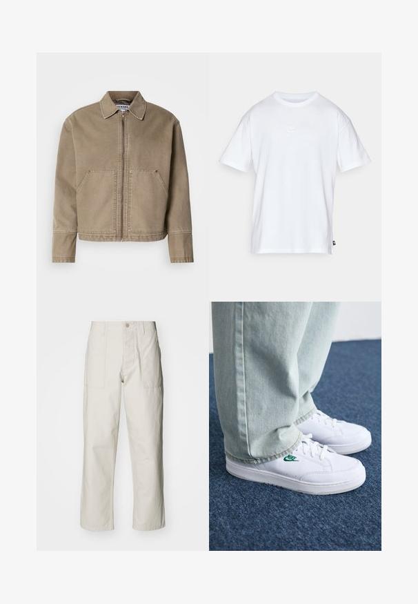 Giacca di cotone khaki con zip frontale, colletto a punta, due grandi tasche frontali e dettagli cuciti sui bordi e sulle cuciture.; T-shirt bianco in cotone con maniche corte e colletto tondo. Presenta un piccolo e discreto logo Nike sul petto e un'etichetta laterale.; Pantaloni a gamba larga beige chiaro in cotone. Presentano tasche frontali e chiusura con bottone. Tessuto liscio con sottili linee verticali.; Sneakers in pelle bianca con logo Nike verde, punta rotonda, suola piatta, abbinati a pantaloni in denim azzurro, mostrati su un tappeto blu.