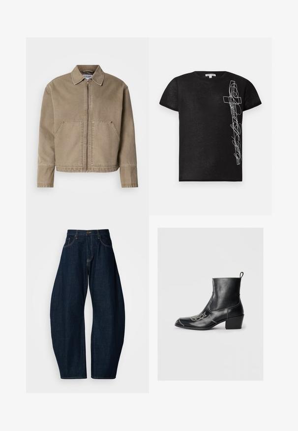 Khiaki puuvillane jakk, millel on lukuga esiosa, terav kaelus, kaks suurt esikotti ja tikandiga detailid servadel ja õmblustes.; Must mustaheaga mustrihiga T-särk, mis on valmistatud pehmest kangast, vasakul küljel valge tikandiga rist ja stiliseeritud tekst.; Tumedat sinised teksapüksid laia jala disainiga, millel on silmapaistev õmblus, viis taskut ja messingist nupuga kinnitus vöökohtade juures.; Mustad mustad mustad mustad, dekoratiivsete õmbluste ja madala plokkninaga. Esitleb tõmbluku jaoks, et seda oleks lihtne panna.