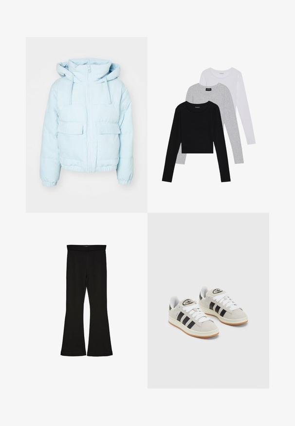 Lys blå kordfløjl pufferjakke med hætte, der har en frontlynlås, to store lommer og elastiske manchetter for en tætsiddende pasform.; Tre langærmede toppe stablet: sort, grå og hvid. Hver har en rund halsudskæring og et cropped design med glat, let stof.; Sorte flared leggings lavet af strækbart stof. Har en bred talje og en glat tekstur, med en tætsiddende silhuet der bredder sig ved sømmen.; Grå ruskinds sneakers med hvide snørebånd, sorte striber og en hvid gummisål. Har et rundt logo på tungen og en gummisål.