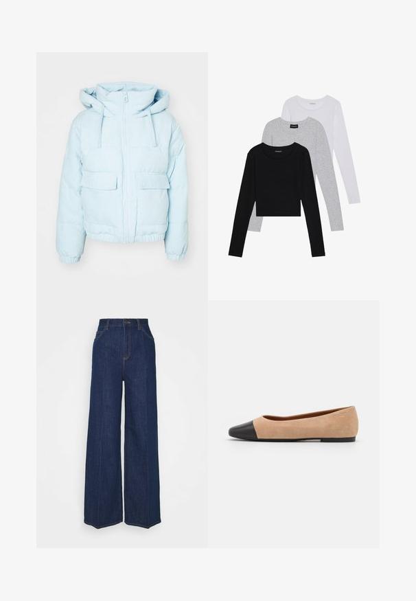 Šviesiai mėlynas kordūrinis pūkinis švarkas su kapuce, turintis priekinį užtrauktuką, dvi dideles kišenes ir elastingus rankogalius, užtikrinančius tvirtą prigludimą.; Trijų ilgomis rankovėmis marškinėlių krūva: juodas, pilkas ir baltas. Kiekvienas turi apvalų iškirpimą ir trumpą dizainą, pagamintas iš lygaus, lengvo audinio.; Aukštai juosmens, plačių kojų tamsiai mėlyni džinsai su priekinių ir galinių kišenių, mygtuko uždarymu ir matomais siuvimo detalėmis.; Šviesiai rudas zomšiniai baleto bateliai su juodu odiniu suapvalintu pirštu, maža pakulne ir lygia tekstūra, su minimaliai siūlėmis ir tvarkingu dizainu.