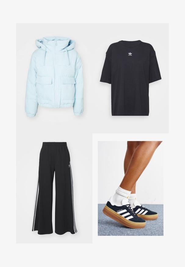 Gai zila kasteņu puffer jaka ar kapuci, ar priekšu iegūtu rāvējslēdzēju, divām lielām kabatām un elastīgām piedurknēm pieguļošai piegrieztnei.; Melna kokvilnas t-kreklā ar īsām piedurknēm un apaļu kakla izgriezumu, uz krūtīm ir balta Adidas logo. Vienkāršs dizains, brīvs piegriezums.; Melnas plašas sporta bikses ar elastīgu jostasvietu, kurām ir baltas sānu svītras un izšūts logo kreisajā augšstilbā.; Melnas zamšādas sporta kurpes ar baltām svītrām un akcentiem, apaļa purngala daļa, gumijas zole, kopā ar baltām ribotām sporta zeķēm.