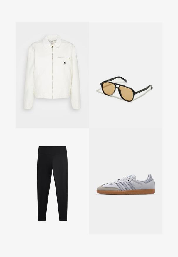 White denim jacket with a collared neckline, gold zipper, and a left chest pocket featuring a logo. Soft texture and casual silhouette.; Black short-sleeve t-shirt made of smooth fabric. Features a round neckline and a relaxed fit with a straight hemline.; Black leggings made of smooth, stretchy fabric. Features a wide waistband and tapered leg design, suitable for active or casual wear.; White leather sneakers with light blue accents, grey suede toe, and a brown rubber sole. Features three blue stripes and "Samba" branding.; Black sunglasses with brown tinted lenses; rectangular shape with a thick frame, including subtle hardware accents on the temples.