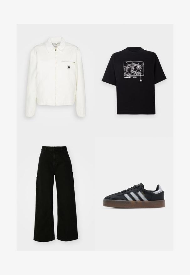 Valkoinen farkkutakki, jossa on kauluskanta, kultainen vetoketju ja vasemmassa rintataskussa logo. Pehmeä rakenne ja rento siluetti.; Mustapaita, joka on valmistettu puuvillasta ja jossa on lyhyet hihat. Edessä on valkoinen hämähäkinseittigrafiikka ja logo. Yksinkertainen, pyöreä kaula-aukko.; Mustat leveälahkeiset cargo-housut, jotka on valmistettu denimistä ja joissa on korkea vyötärö, etunapitus ja sivutaskut. Silkkinen pinta, jossa on minimaalinen ompelu.; Mustat urheilukengät, joissa on sulava muotoilu, kolme valkoista raitaa, musta kieli ja teksturoitu ruskea kumipohja. Kullanvärisiä yksityiskohtia.