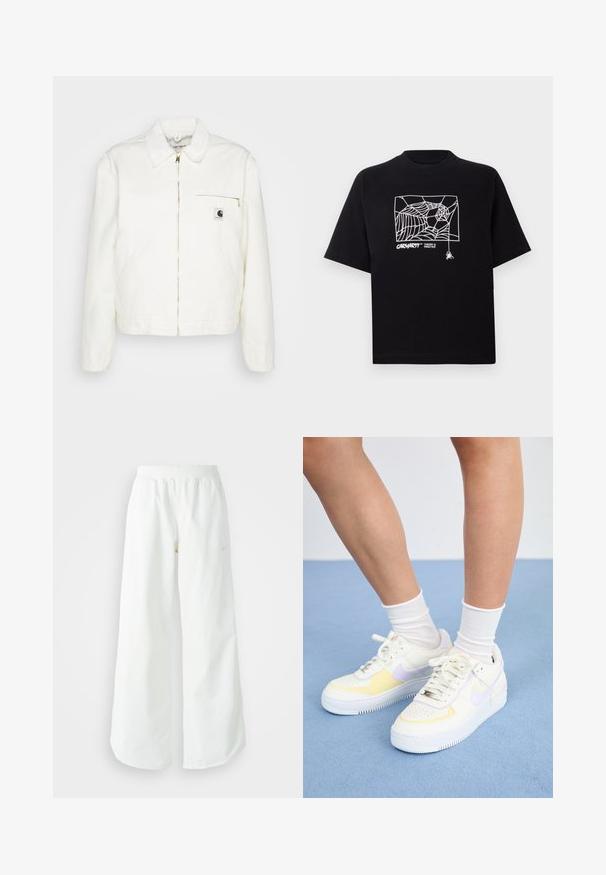 Balta džinsa jaka ar apkakles izgriezumu, zelta rāvējslēdzēju un kreisajā krūtī kabatu ar logotipu. Mīksta tekstūra un ikdienišķa siluets.; Melnā kokvilnas T-kreklā ir īsas piedurknes. Uz priekša ir balti zirnekļa tīkla grafika un logo. Vienkārša noapaļota izgriezne.; Baltas, platais sporta bikses ar ribotu jostasvītru un smalku logotipa detaļu. Gluda auduma ar brīvu piegriezumu un sašaurinātu apakšdaļu.; Balti ādas sporta apavi ar dzelteniem un lavandas akcentiem, apaļa purngala forma, plakani šņores un teksturēta gumijas zole. Valkāti ar baltām zeķēm.