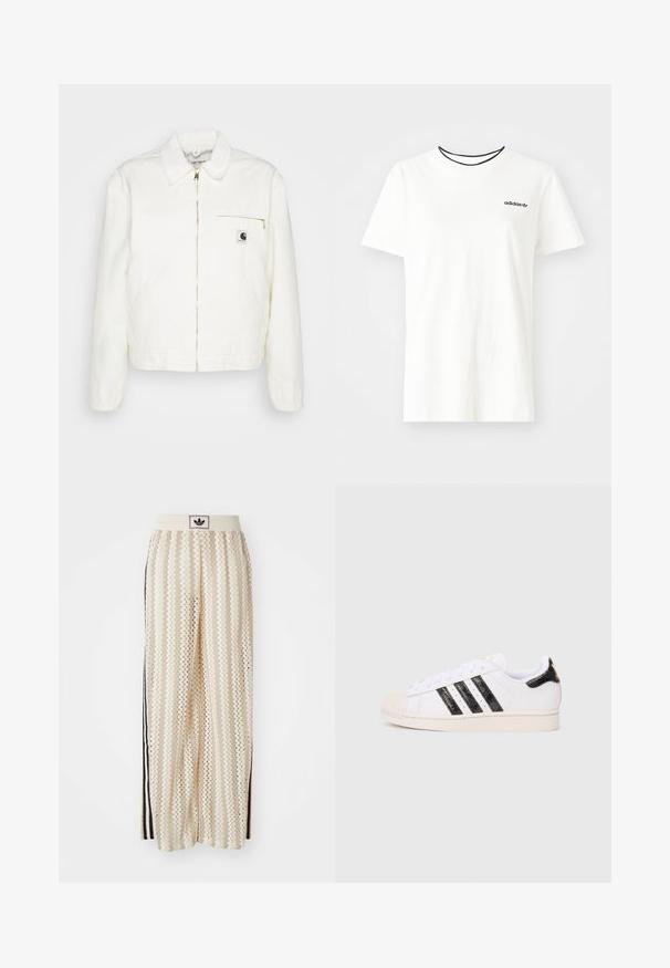 Weiße Jeansjacke mit kragenförmigem Ausschnitt, goldenem Reißverschluss und einer Brusttasche auf der linken Seite mit Logo. Weiche Textur und lässige Silhouette.; Weißes Baumwoll-T-Shirt mit kurzen Ärmeln und rundem Halsausschnitt. Mit einem schwarzen Adidas-Logo auf der Brust und einem kontrastierenden schwarzen Innenkragen.; Cremfarbene, weit geschnittene Hosen mit einem Zickzackmuster, ausgestattet mit einem schwarzen Logo-Bund und seitlichen schwarzen Streifen. Leichter, strukturierter Stoff.; Weiße Sneaker mit schwarzen strukturierten Streifen und Akzenten; verfügen über eine Gummikappe, flache Schnürsenkel und Polsterung um den Knöchel.